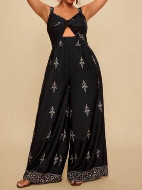 Boho Black Paisleys Print Wide Leg Pants Jumpsuit New